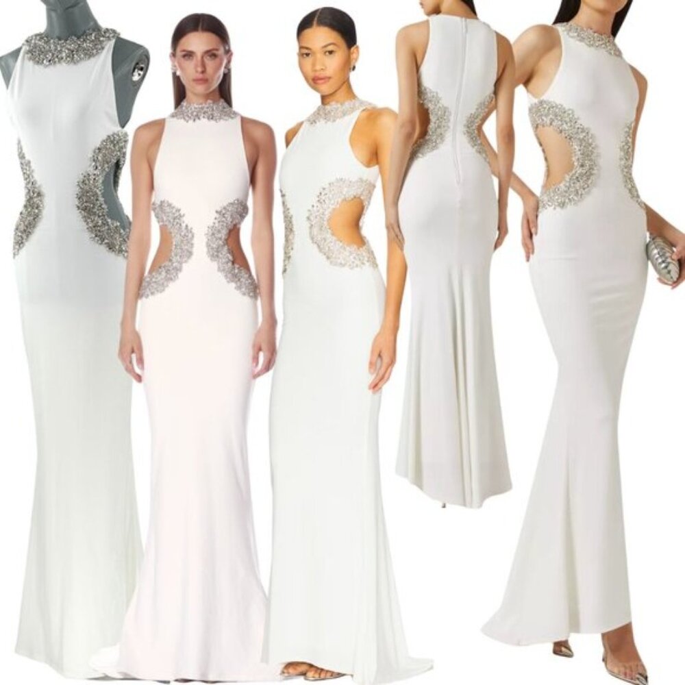 🆕 BRONX & BANCO 🧿 NWOT Camila Rhinestone Cut-Out Gown, White - Sz M US 6